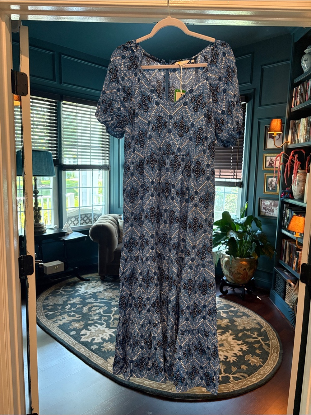 Boden Blue Patterned Short-Sleeve Maxi Dress